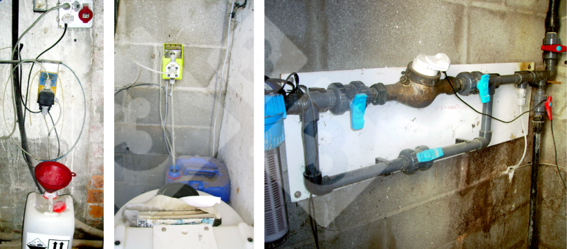 Figura 7. Sistema de higienización. Isquierda: Bomba dosificadora de cloro, Centro: Bomba dosificadora de peróxido de hidrógeno, Derecha: Filtro, contador de flujo y "by pass".