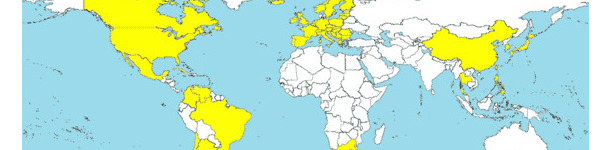 Pa&iacute;ses en los que se ha diagnosticado ES-PCV2 (en amarillo).