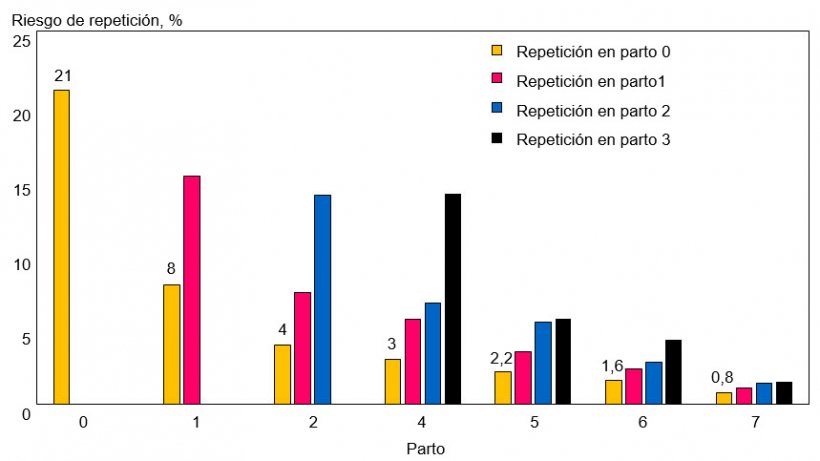 Fig 2. Nuevas repeticiones en cerdas que repiten por primera vez, seg&uacute;n n&uacute;mero de parto.
