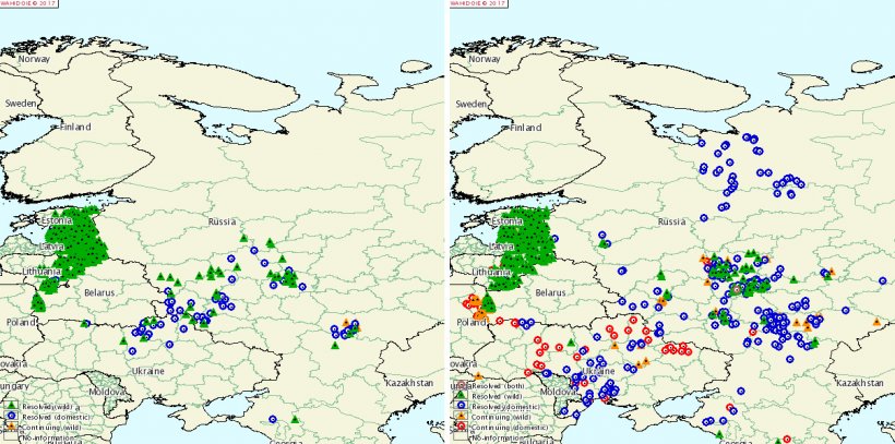 Focos de PPA en Rusia y Ucrania en 2015 y 2016 1