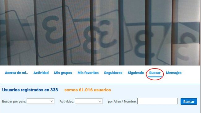 Desde tu zona de usuario puedes buscar a otros usurios, filtrando por nombre/alias, actividadd y país.