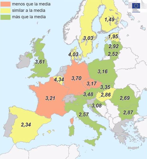 Imagen 2. Estimaci&oacute;n de la variaci&oacute;n de producci&oacute;n de colza por pa&iacute;s respecto a la media de 2012-2016 (t/ha). Fuente:MARS.
