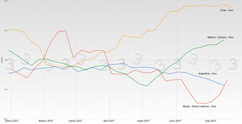 Gráfica 1. Cotizaciones del cerdo durante el primer semestre de 2017 en Brasil, México, Argentina y Chile. Fuente: Tablero de cotizaciones del cerdo en www.3tres3.com