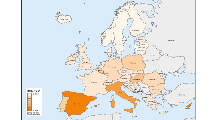 Distribuci&oacute;n espacial de las ventas totales de todos los antimicrobianos para animales productores de alimentos, en mg/PCU en 2015.
