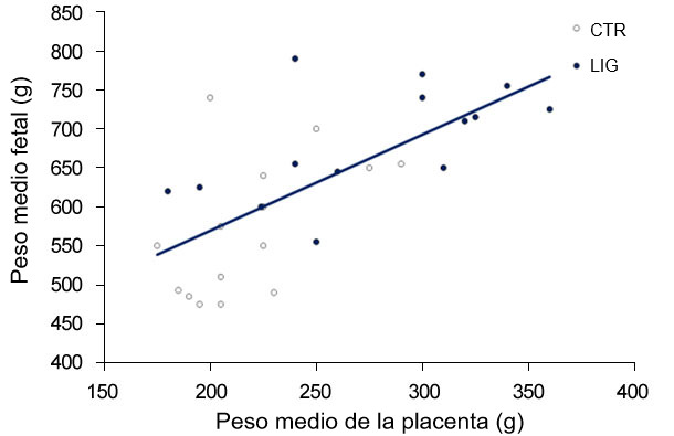 Gráfica 3. Tanto en el grupo control (CTR)  como en el grupo ligado (LIG), grupo al que se le cerró un oviducto, el peso de los fetos es dependiente del peso de la placenta.  (Town, 2005).