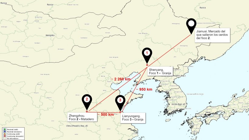 Mapa de situación de los focos de PPA en China