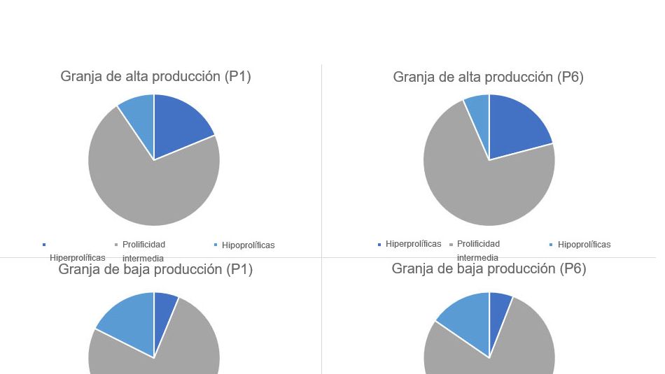 Gr&aacute;fico 1. Distribuci&oacute;n del tipo de cerdas, en parto 1 y 6, categorizados por los tipos de granjas planteados.