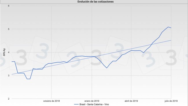 Grafica 1. Evolución de las cotizaciones del cerdo en el mercado de Santa Catarina, Brasil.
