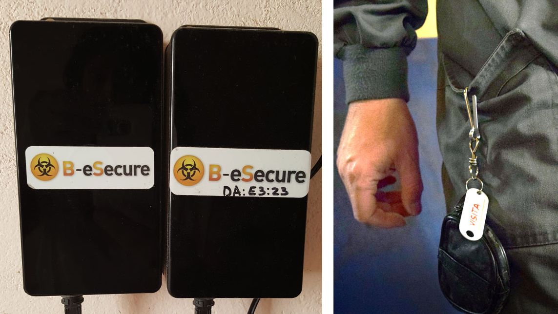 Figura 1. Ilustraci&oacute;n del sistema instalado para monitorizar movimientos. Se instalaron dispositivos en las paredes para monitorizar cada una de las salas de forma independiente (izquierda), y los empleados de la granja llevaban balizas bluetooth individuales (derecha).
