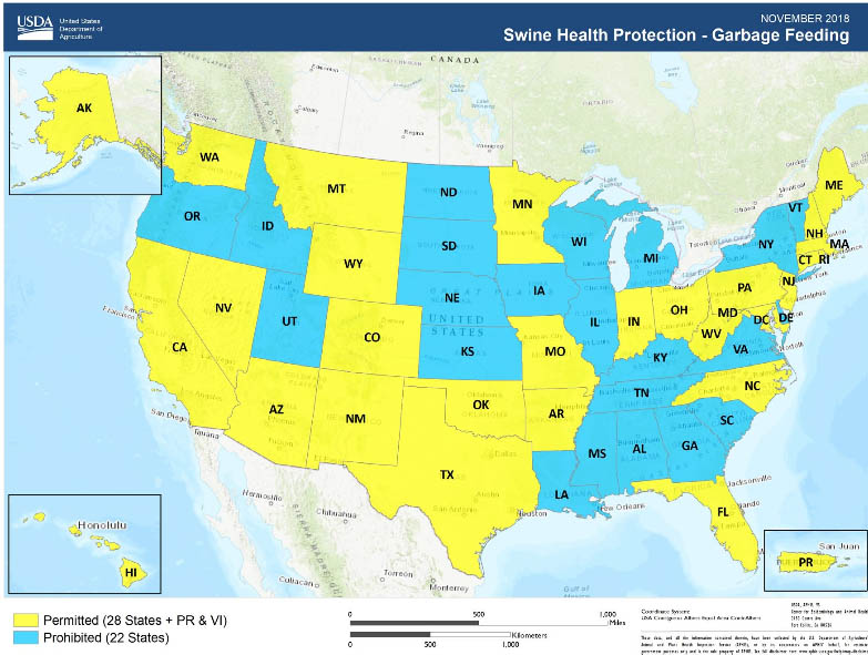 Estados que permiten (en amarillo) o no (en azul) el uso de restos de comida para alimentar a los cerdos.
