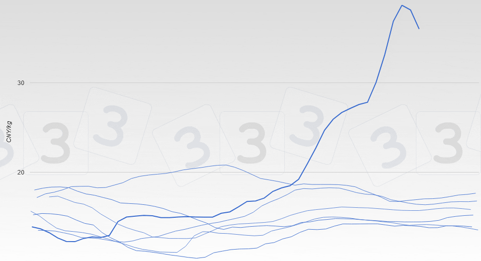 Evoluci&oacute;n del precio porcino en China (vivo).
