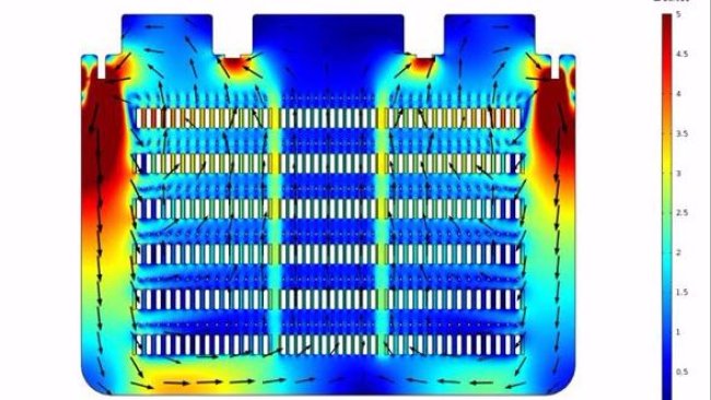 Figura 1. Simulación de la distribución de velocidad de aire en un secadero mediante el programario Comsol.