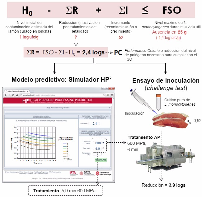 Figura 1.&nbsp;Ejemplo&nbsp;de aplicaci&oacute;n de modelos predictivos a trav&eacute;s del simulador HP3&nbsp;y ensayo de inoculaci&oacute;n&nbsp;para validar el procesamiento por AP en jam&oacute;n curado.
