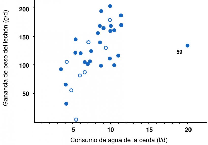 Ilustraci&oacute;n 6. Relaci&oacute;n entre el aumento de peso promedio de los lechones (g/d) durante los primeros 3 d&iacute;as despu&eacute;s del nacimiento y el consumo promedio de agua de la cerda (l/d) en los mismos 3 d&iacute;as m&aacute;s el d&iacute;a del parto. Cada punto representa una de las 34 camadas con registros completos de aumento de peso y consumo de agua. Las cerdas con una temperatura corporal m&aacute;xima de&gt; 40,6 &deg; C (&gt; 105 &deg; F) se muestran en c&iacute;rculos abiertos. La correlaci&oacute;n es r = 0,53 basada en todos los datos, r = 0,68 omitiendo la camada 59 (el valor at&iacute;pico a la derecha) y r = 0,65 omitiendo el valor at&iacute;pico y las cerdas con temperatura corporal alta.
