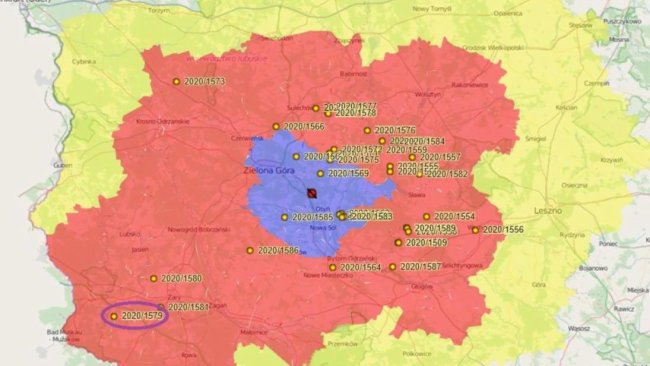 Nächster Fundort eines positiven getesteten Wildschweins (2020/1579) 2020/1579 = nächster Fundort eines positiven getesteten Wildschweins Bildquelle: https://bip.wetgiw.gov.pl/asf/mapa/ 