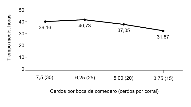 Figura 1. Tiempo promedio hasta el inicio de la ingesta de pienso seg&uacute;n el n&uacute;mero de cerdos por boca de comedero y por corral durante la transici&oacute;n. Lineal, P &lt; 0,001; Cuadr&aacute;tico, P = 0,081.
