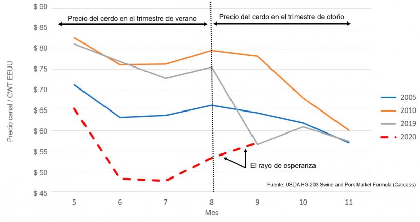 Tendencia del precio del cerdo en el trimestre de oto&ntilde;o despu&eacute;s de un verano a contracorriente (desde 2001, el precio s&oacute;lo baj&oacute; en verano en 2005, 2010, 2019 y 2020).
