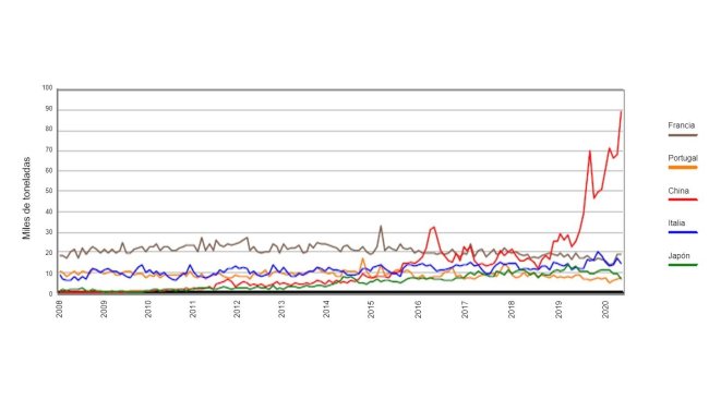 Gráfica 1. Evolución mensual de la exportación de canales y piezas de España a Francia, Italia, Portugal, China y Japón. Fuente: AEAT.