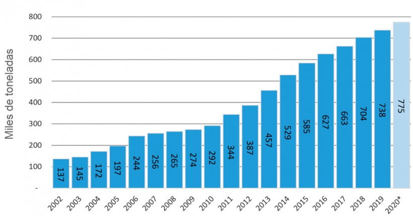 Gr&aacute;fico N&ordm;1. Evoluci&oacute;n de la producci&oacute;n 2002/20. Fuente: Datos del MAGyP y propios &ndash; A&ntilde;o 2020 datos proyectados.
