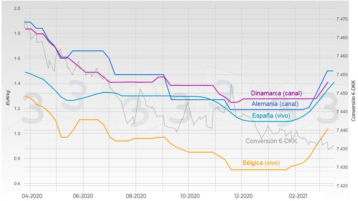 Gr&aacute;fica 1. Evoluci&oacute;n del precio del cerdo en Alemania, Espa&ntilde;a, Dinamarca y B&eacute;lgica.
