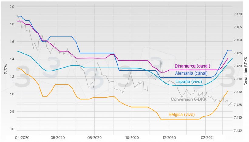 Gr&aacute;fica 1. Evoluci&oacute;n del precio del cerdo en Alemania, Espa&ntilde;a, Dinamarca y B&eacute;lgica.
