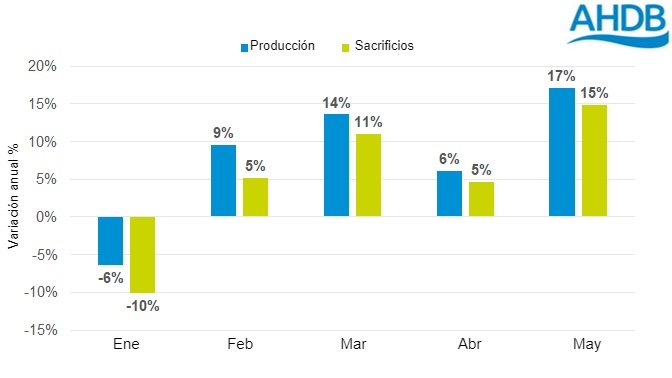 Variaci&oacute;n anual de la producci&oacute;n de carne de cerdo del Reino Unido - 2021. Fuente: Defra.
