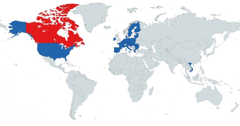 Figura&nbsp;1. Pa&iacute;ses con los que Canad&aacute; tiene acuerdos de zonificaci&oacute;n para la PPA (Vietnam, Singapur,&nbsp;la Uni&oacute;n Europea&nbsp;y los&nbsp;Estados Unidos).
