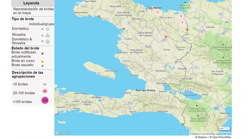 Mapa de brotes de peste porcina africana en Hait&iacute;. Fuente: OIE.&nbsp;&copy; OpenStreetMap y colaboradores.&nbsp;https://www.openstreetmap.org/copyright
