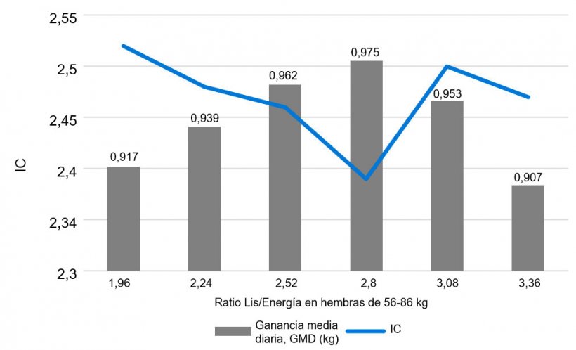 Gr&aacute;fico 1. Efecto del ratio Lis/Energia en hembras de 56-86 Kg. Main, et al. 2002
