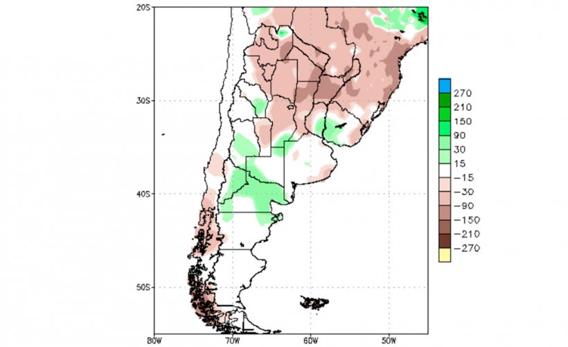 Mapa 1. Anomal&iacute;as en las precipitaciones de Sudam&eacute;rica (mm, 30ENE2022-28FEB2022, fuente: Climate Prediction Center &ndash; NOOA)
