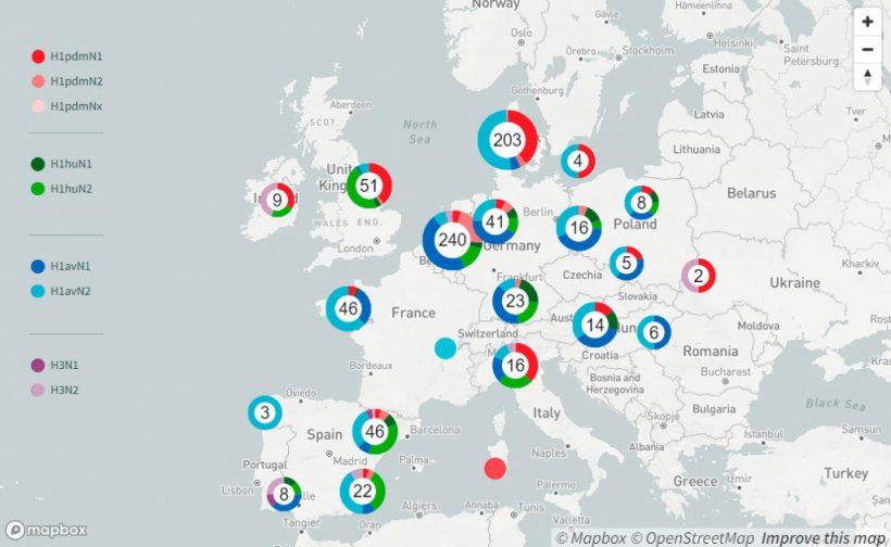 Figura 2. Detecci&oacute;n de swIAV en granjas en Europa, agrupadas regionalmente, primeros nueve meses de 2021

