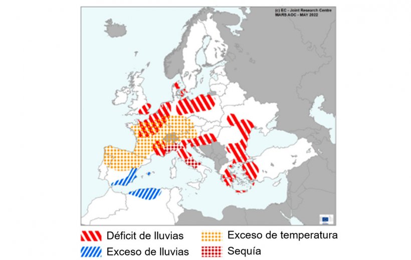 Mapa 1. Eventos climáticos extremos en Europa del 1 de abril al 20 de mayo del 2022 (fuente: MARS Butlletin 23/05/2022)