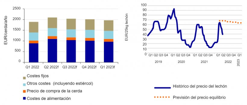 Izquierda: Los costes de producci&oacute;n en las granjas de cerdas aumentar&aacute;n un 11% en el segundo trimestre en comparaci&oacute;n con el primero de 2022. Fuente: KWIN, InterPIG, Comisi&oacute;n Europea, Agrimatie, Rabobank 2022.
Derecha: Previsi&oacute;n de los precios de equilibrio de los lechones. Fuente: Comisi&oacute;n Europea, Rabobank 2022.
