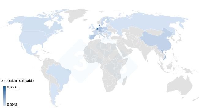 Mapa 1. Nº de cerdos/km2 de tierra cultivable en los principales productores mundiales en 2020. Datos tierra cultivable: Banco Mundial. Datos censos: 3tres3