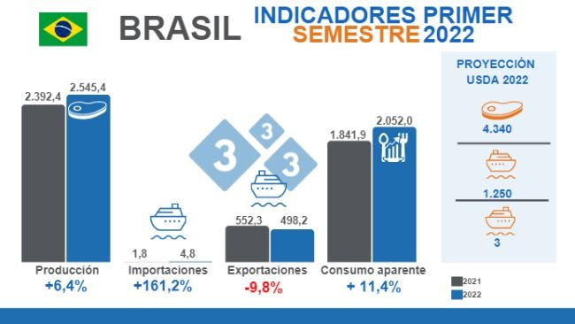 Fuente: Instituto Brasileiro de Geografia e Estatística (IBGE), Comexstat y USDA. Variaciones en % respecto al mismo período de 2021. Cifras en miles de toneladas.
