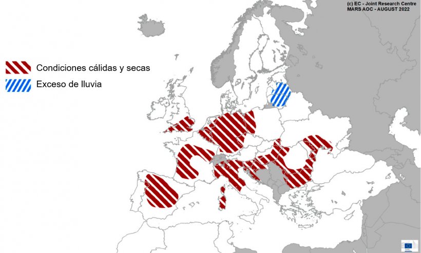 Mapa 1. Eventos climáticos extremos en Europa del 1 de julio al 19 de agosto del 2022 (fuente: MARS Bulletin 22/08/2022)