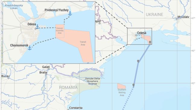 Mapa del corredor de granos del Mar Negro. Centro de Coordinaci&oacute;n Conjunta de la Iniciativa de Granos del Mar Negro de las Naciones Unidas.
