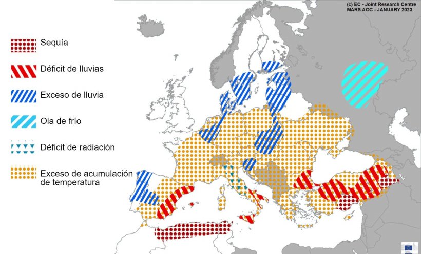 Mapa 1. Eventos climáticos extremos en Europa del 1 de diciembre del 2022 al 20 de enero del 2023 (fuente: MARS Butlletin 23/01/2023).