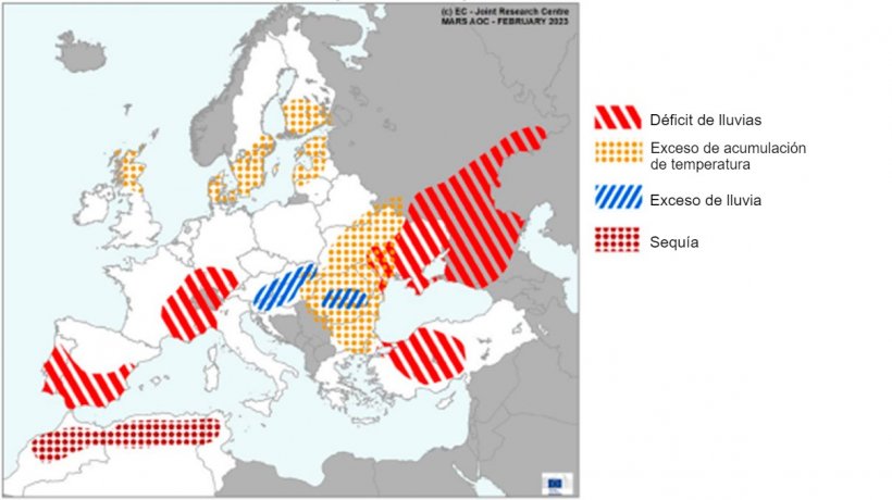 Mapa 1. Eventos clim&aacute;ticos extremos en Europa del 1 de enero al 17 de febrero del 2023 (Fuente: MARS Butlletin 20/02/2023).
