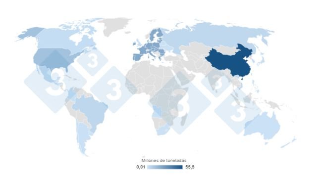 Mapa 1. Concentración de la producción mundial de carne de cerdo estimada para 2023. Elaborado por el Departamento de Economía e Inteligencia de Mercados con datos del Departamento de Agricultura de Estados Unidos (USDA). 