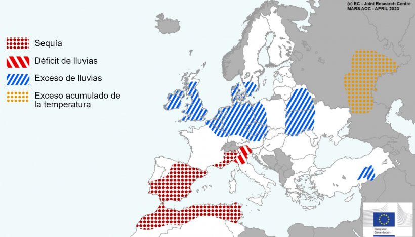 Mapa 1. Eventos climáticos extremos en Europa del 1 de marzo al 17 de abril del 2023 (fuente: MARS Bulletin 24/04/2023).