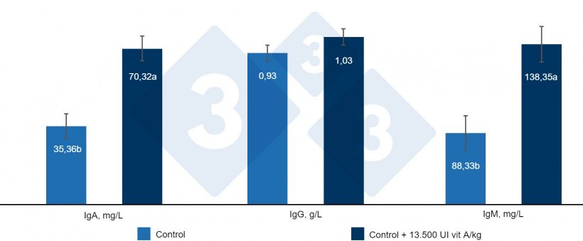 Figura 4. Efecto de la inclusion de 13500 UI de vitamina A / kg de pienso sobre las inmunoglobulinas séricas en lechones destetados. a, b:  Distintas letras indican diferencias estadísticamente significativas (P < 0,05). Fuente: Hu y col. (2020).