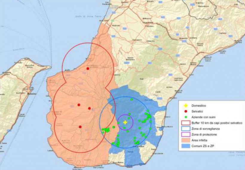 Localizaci&oacute;n de los nuevos focos de PPA en la regi&oacute;n de Calabria, Italia
(puntos rojos: focos en jabal&iacute;es silvestres; cruz amarilla: foco en explotaci&oacute;n de porcino). Fuente: MAPA.
