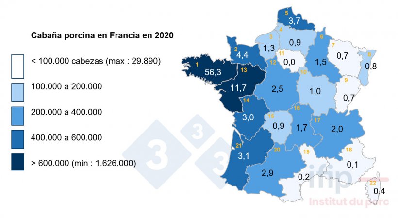 Distribuci&oacute;n de la caba&ntilde;a porcina en Francia en 2020. 1 Bretagne, 2 Basse-Normandie, 3 Haute-Normandie, 4 Picardie, 5 Nord-Pas-de-Calais, 6 Champagne-Ardenne, 7 Lorraine, 8 Alsace, 9 Franche-Comt&eacute;, 10 Bourgogne, 11 IDF, 12 Centre, 13 Pays de la Loire, 14 Poitou-Charentes, 15 Limousin, 16 Auvergne, 17 Rh&ocirc;ne-Alpes, 18 PACA, 19 Languedoc-Roussillon, 20 Midi-Pyr&eacute;n&eacute;es, 21 Aquitaine.
