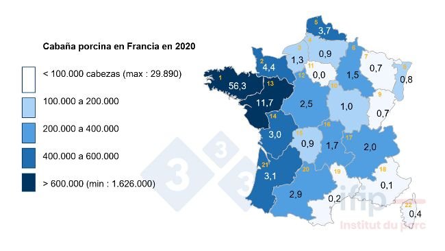 Distribución de la cabaña porcina en Francia en 2020. 1 Bretagne, 2 Basse-Normandie, 3 Haute-Normandie, 4 Picardie, 5 Nord-Pas-de-Calais, 6 Champagne-Ardenne, 7 Lorraine, 8 Alsace, 9 Franche-Comté, 10 Bourgogne, 11 IDF, 12 Centre, 13 Pays de la Loire, 14 Poitou-Charentes, 15 Limousin, 16 Auvergne, 17 Rhône-Alpes, 18 PACA, 19 Languedoc-Roussillon, 20 Midi-Pyrénées, 21 Aquitaine.