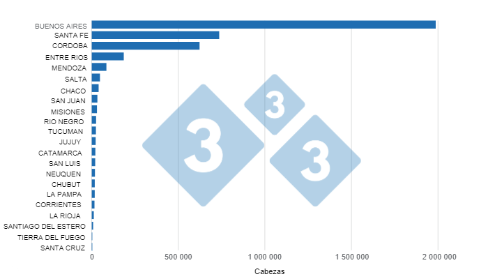 Gr&aacute;fico 1. Sacrificio de cerdos acumulado&nbsp;en el primer semestre por provincia.&nbsp;Elaborado por 333&nbsp;con datos de la Secretar&iacute;a de Agricultura, Ganader&iacute;a y Pesca&nbsp;del Ministerio de Econom&iacute;a de Argentina&nbsp;
