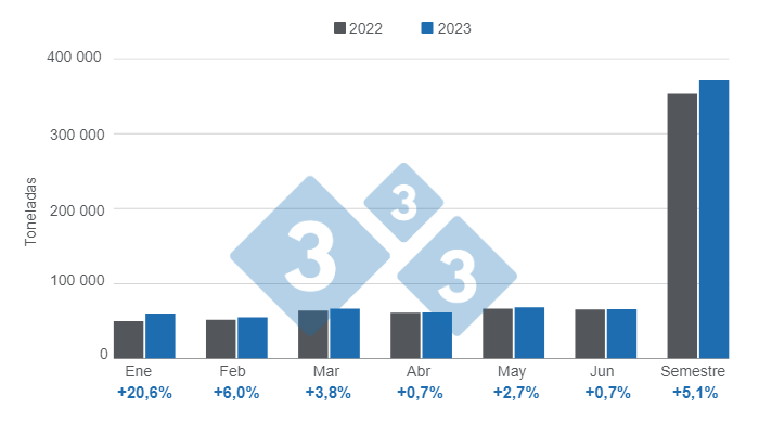 Gr&aacute;fico 1: Evoluci&oacute;n de la producci&oacute;n de carne de cerdo argentina en el primer semestre de 2023.&nbsp;Elaborado por 333 con datos de la Secretar&iacute;a de Agricultura, Ganader&iacute;a y Pesca del Ministerio de Econom&iacute;a de Argentina.&nbsp;
