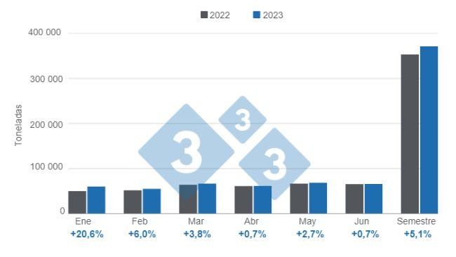 Gráfico 1: Evolución de la producción de carne de cerdo argentina en el primer semestre de 2023. Elaborado por 333 con datos de la Secretaría de Agricultura, Ganadería y Pesca del Ministerio de Economía de Argentina. 