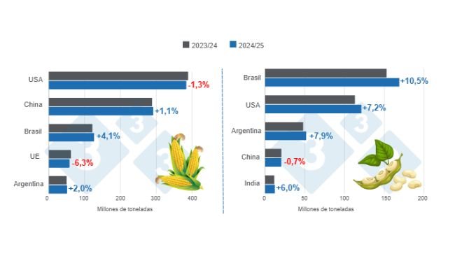 Gráfico 1. Proyección de cosecha para los principales productores mundiales de maíz y soya - campaña 2024/25 versus ciclo 2023/24 – última actualización: 10 de diciembre de 2024. Elaborado por el Departamento de Economía e Inteligencia de Mercados con datos de FAS – USDA.