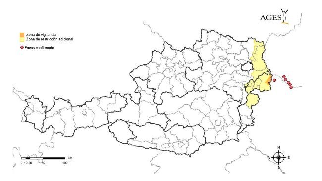 Focos de fiebre aftosa en Hungría y Eslovaquia confirmados entre el 1 de enero de 2025 y el 26 de marzo de 2025 y zonas de restriccion y vigilancia implementadas en Austria. Fuente: AGES.